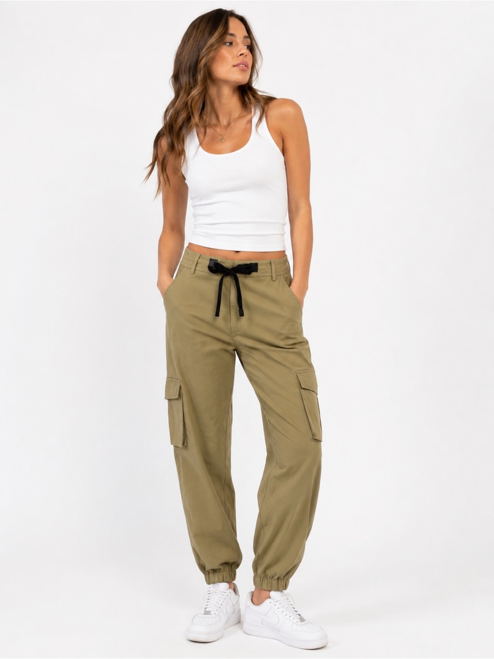 ChicMe Olive Cargo Jogger Pants Size S High Rise Utility DrawstringAnkle Elastic
